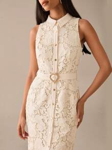 Lilora Vestido de encaje de longitud media con cuello de camisa sin mangas, elegante y bordado con diseño calado, adecuado para ir a trabajar, uso diario y fiestas, con estilo urbano, romántico y elegante para salir - Albaricoque - Ver 2