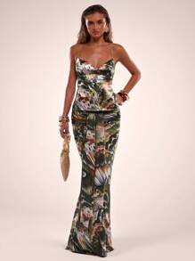 SHEIN BAE 女士夏季缎面印花后系带鸢尾花装饰吊带背心，适合度假女士、俱乐部、海滩女士 - 綠色 - 查看 5