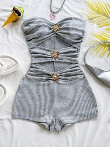 Soleia 女士度假白色针织纹理金属装饰修身连体裤，适合派对、约会、下午茶、音乐节、海滩巡游、夏季服装 - 杏色 - 查看 5