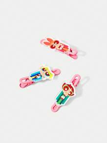 THE POWERPUFF GIRLS X SHEIN 3pcs/Set Cute Blossom, Bubbles, Buttercup Pattern Pink Hair Clips - Pink - View 3