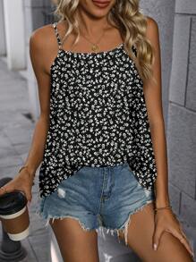 EMERY ROSE 女士休闲黑色碎花吊带背心，宽松版型，适合度假穿着，适合春夏季