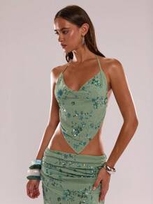 SHEIN BAE Top camisero de verano para mujer en color verde sólido con textura de lentejuelas, Top de tirantes swing, Top estampado de flores con lentejuelas macizas y cuentas, Top verde con cuentas - Verde - Ver 4