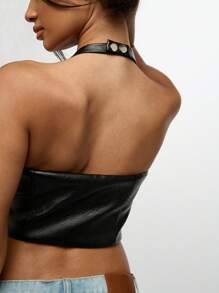 SUMWON WOMEN Parte superior tipo corsé con cuello halter de piel sintética, cierre delantero con cremallera, para club, festival, fiesta nocturna, chaleco con gargantilla con tachuelas