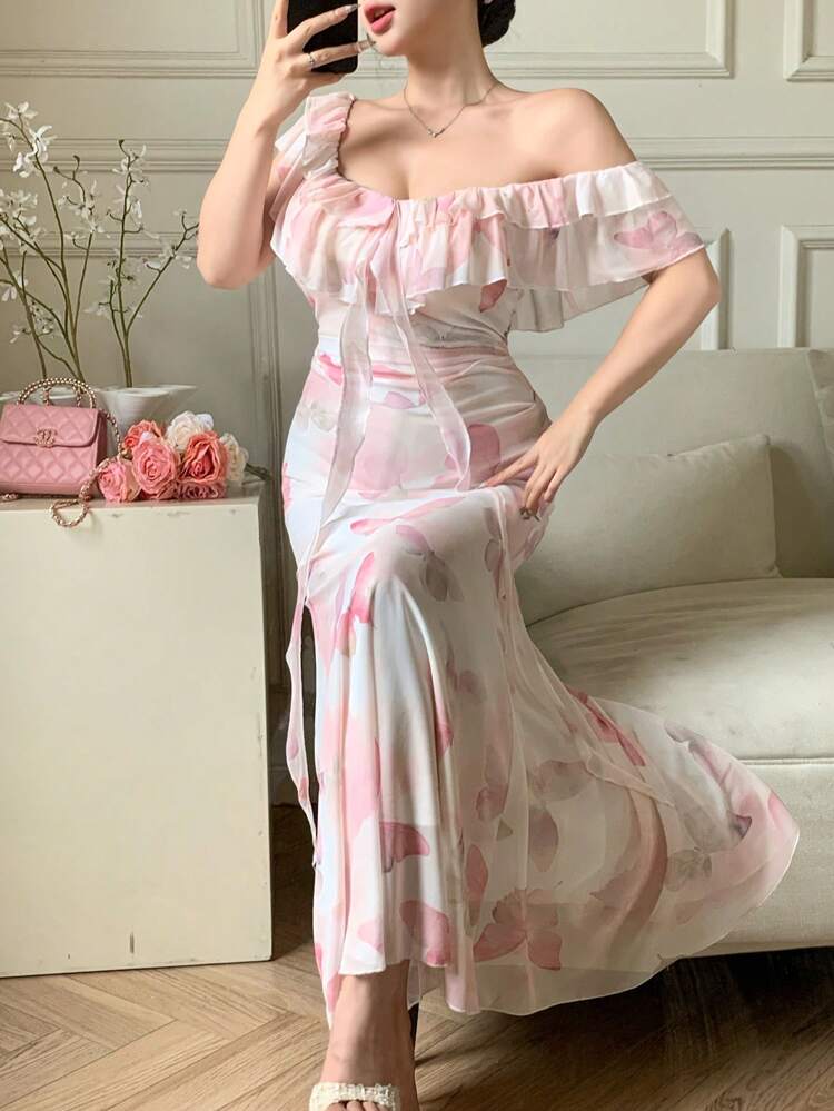 1pc Off-The-Shoulder Flounced Short Sleeve Dress Women, Butterfly Print Fishtail Waisted A-Line Long Dress Off Shoulder