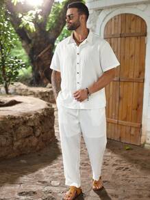 ResortEase بدلة رجالية كاجوال بقميص كم قصير أزرار أمامية وبنطلون كارجو لون أحادي المقاس الكبير