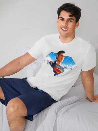SUPERMAN 2025 Ensemble de tenue de détente comprenant un Top à manches courtes avec col rond et un short avec imprimé graphique