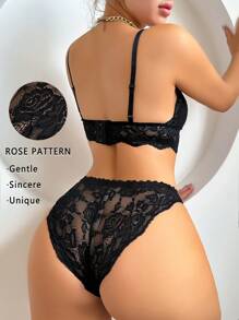 Women's Lace Splicing Bralette And Triangle Panties Set Lingerie Set - Black - View 6
