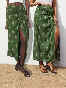 Maija Plus Size Women's Asymmetrical Print Green Twist Design High Waist Skirt, Comfortable Casual Versatile For Spring Summer, Festivals, Beach Women Summer Fall Women Autumn Back To School Homecoming Modest Vintage Women Old Money Teacher Skirt