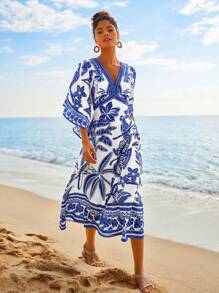 Travachic 复古热带印花V领休闲连衣裙，夏季 - 藍色 - 查看 4