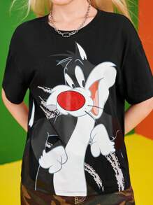 LOONEY TUNES X SHEIN 大码女式宽松超大卡通图案落肩T恤，夏季 - 黑色 - 查看 5