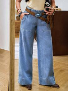 LanaWest Jeans vaqueros de pierna ancha y ajuste relajado con efecto desgastado para mujeres - Lavado ligero - Ver 4