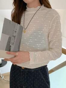 DAZY 女式半高领花卉装饰透明长袖休闲衬衫 - 米色 - 查看 2