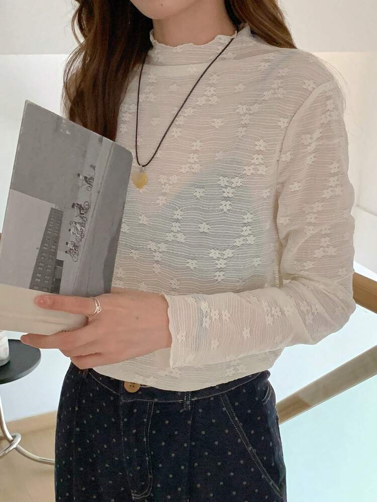 Women Half Turtleneck Floral Embellished Sheer Long Sleeve Casual Blouse