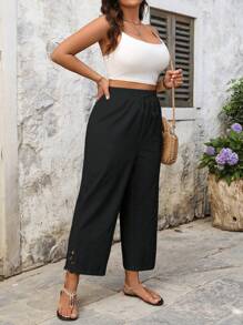 Breezaya Plus Size Casual Linen Patchwork Embroidery Floral Trim Long Pants