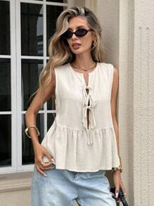 Serisse Women's  Bridgerton Sleeveless Shirt, Simple Vacation Lace Up Short Top, Summer Blouse For Women, Front Lace Up, Lace Up Blouse, Short Sleeve Blouse, Cute Summer Blouse  Wear Women's Solid Color Strap Sleeveless Vacation & Leisure Shirt Earthy Clothes