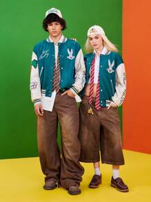 LOONEY TUNES X SHEIN 남성용 레터 플록 래빗 디자인 컬러블록 야구 재킷, 가을 - 녹색 - 보기 4