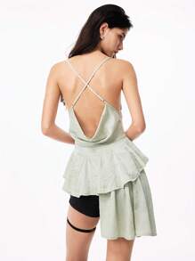 LYSMO Woman's Light Green Asymmetrical Strap Backless Top And Pleated Skirt Two Pieces Set - New Arrival Spring/Summer 2025 - Green - View 6