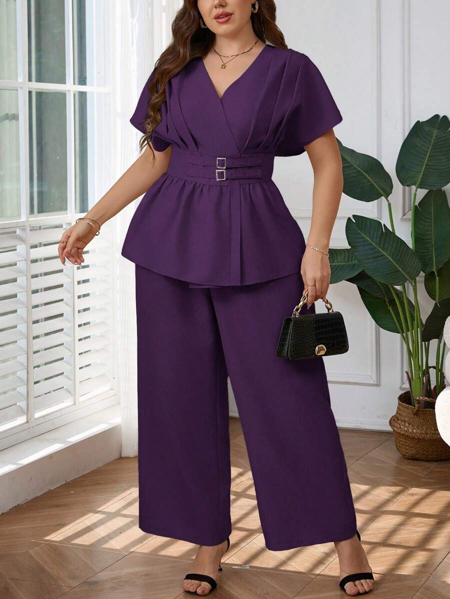 SHEIN Privé Bộ 2 món áo khoác cardigan cổ chữ V bằng sợi tre thanh lịch cỡ lớn và quần ống rộng ống đứng, phù hợp mặc hàng ngày, đi làm, đi làm, đi chơi, xuân hè - Màu tím - Xem 1