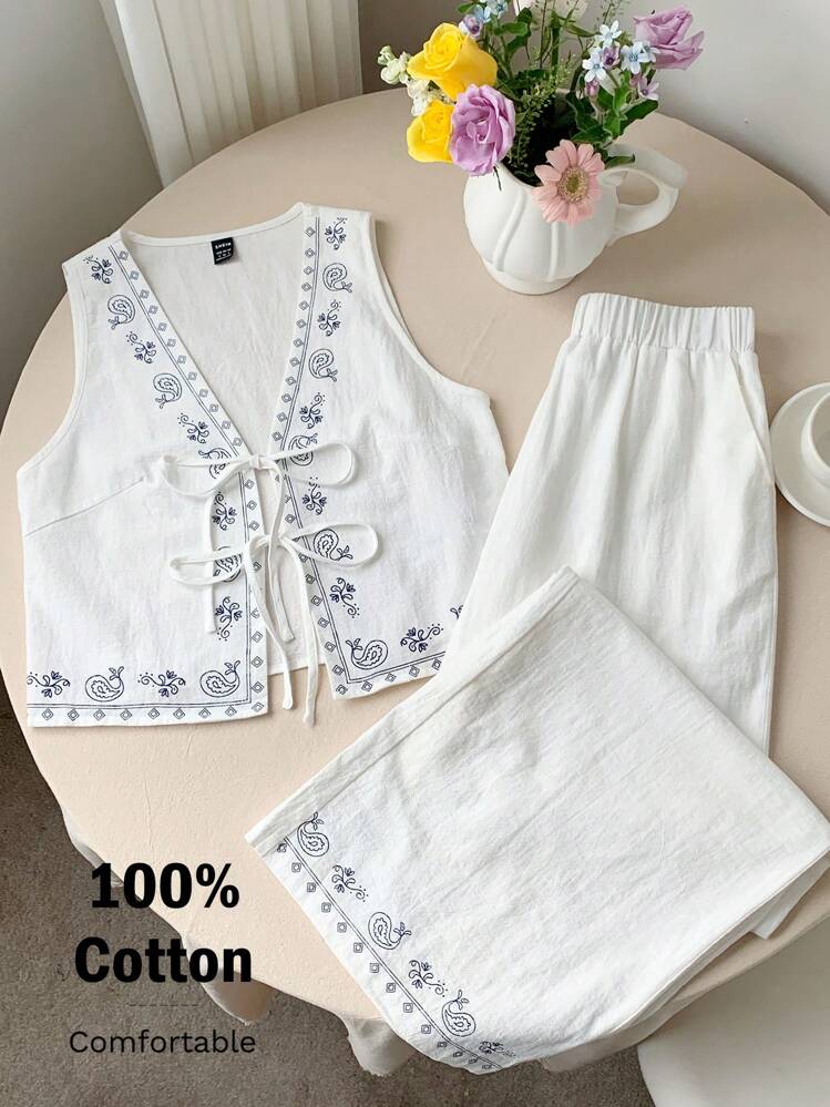 Comfortcana Conjunto de 2 piezas de estilo bohemio blanco con estampado tejido, conjunto de 2 piezas de algodón para mujer, conjunto de pantalones de verano - Blanco - Añade 3