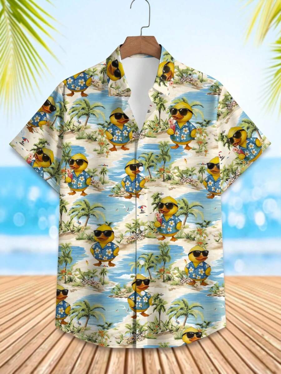 Manfinity Swimmode Men's Resort Style Palm Tree & Duck Cartoon Print Single-Breasted Short Sleeve Shirt Duck Hawaiian Shirt Funny Hawaiian Shirt Luau Shirt Beach Shirt Men Hawaiian Shirt - Multicolor - View 1