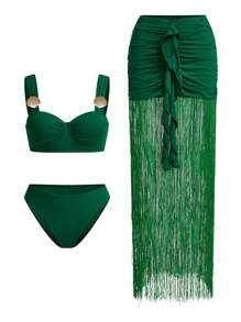 Anewsta Women's Summer Beach Solid Color Ruched Metal Shell Sexy Bikini Set With Cover-Up And Skirt - Green - View 2