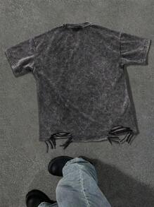 Manfinity EMRG 男士不对称剪裁破洞流苏水洗雪花 T 恤，春夏男装，男友礼物破洞超大 T 恤，垃圾服装撕破 T 恤，2000 年代风格 - 淺灰紫 - 查看 3