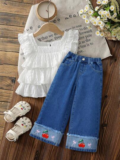 少女心蝴蝶结樱桃刺绣休闲百搭宽松阔腿牛仔裤，2025新款，适合所有季节