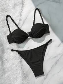 Soleia 女款军绿色针织纹理罩杯褶皱麻花针织拼布比基尼套装，度假风