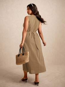 Elaquor Đầm suông không tay màu trơn thường ngày cỡ lớn cho kỳ nghỉ - Màu Khaki - Xem 2