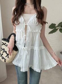 FRIFUL Women's Solid White Spaghetti Strap Mid-Length Loose Casual Versatile Layered Tie-Up Back Tank Top With Frill Trim,Babydoll Top - White - View 3