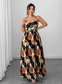 Elenzga Plus Size Women's Summer Vacation Elegant Romantic Digital Print Bandeau Ruched A-Line Long Dress