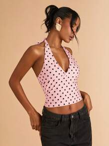 SHEIN BAE Women's Summer Casual Black Polka Dot Print Halter Neck Crop Top, Suitable For Brunch, Outings, Dates, Commute, Cruise , Ibiza Looks