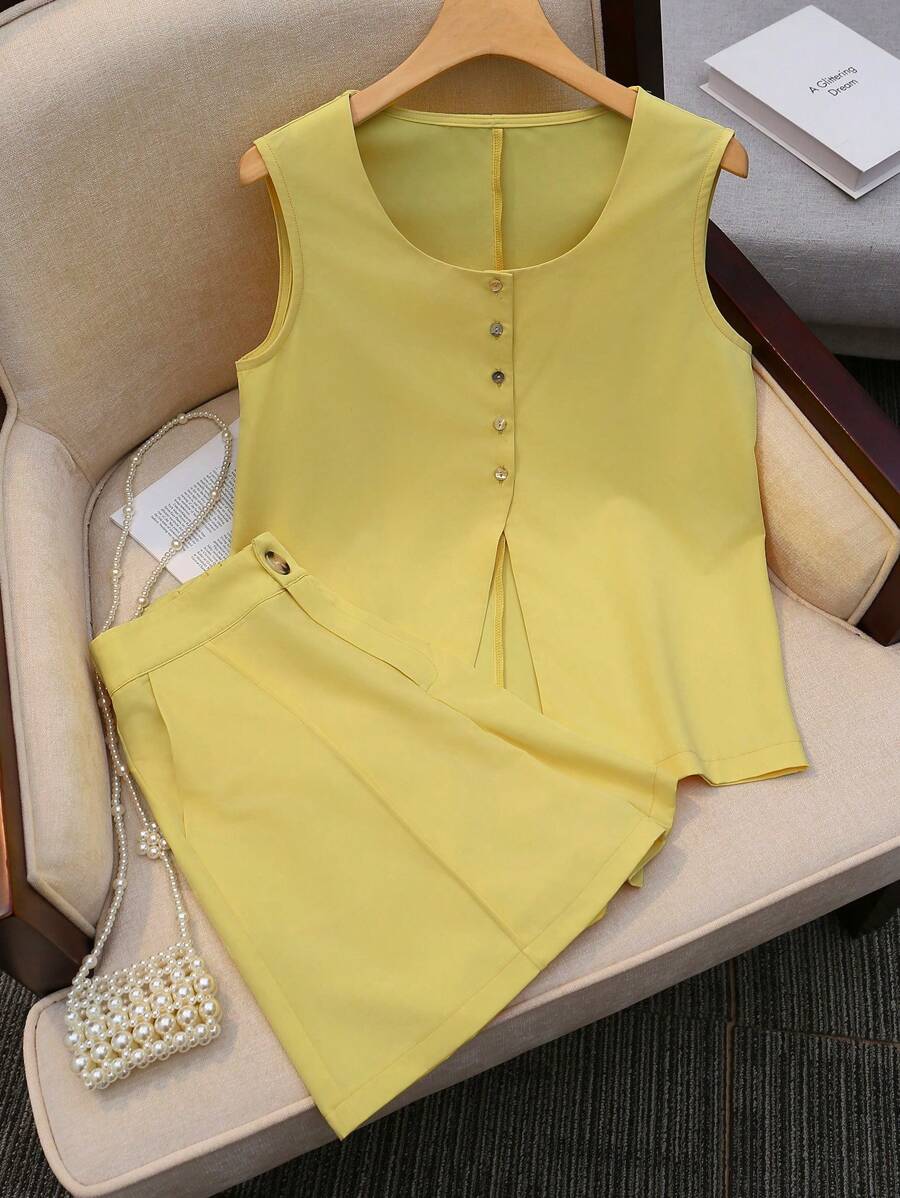 INAWLY 两件套休闲办公室通勤背心和短裤 - 黃色 - 查看 1