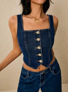 Poéselle 女式夏季休闲前扣无袖牛仔衬衫 - 深色水洗藍 - 查看 7