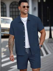 Manfinity Homme Conjunto de camisa casual de botones de talla grande para hombres, 2 piezas de camisa abotonada de verano para hombres - Azul - Ver 6