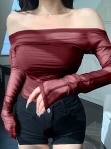 DAZY 女式弹力网眼透视露肩上衣，春夏长袖女式上衣