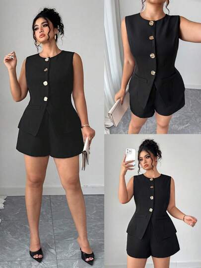 Elenzga 2pcs Plus Size Women's Spring/Summer Casual Commuter Elegant Fashion Urban Chic Style Distinctive Classic Black & White Non-Stretch Waist Cinched Slim Fit Two Pieces Set