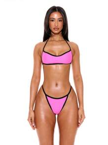 Musera Resort Contrast Trim Strappy Micro Mini Bikini Top Only Summer Spring Holiday Vacation Sexy Ibiza Beachwear - Multicolor - View 5