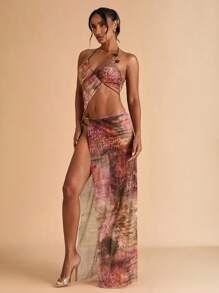 SHEIN BAE Robe de cache-maillot sexy à encolure montante avec décoration d'anneau en métal ajouré et imprimé intégral pour femmes - Tabac - Voir 5