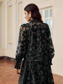 ZEYLAH Elegant Floral Print Puff Sleeve Sheer Blouse - Black - View 3