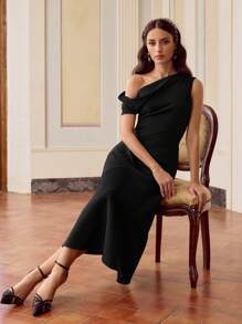 ZEYLAH Women Elegant Solid Color Asymmetric Neck Dress - Black - View 7