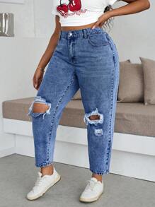 Slaydiva Plus Size Women Pockets Ripped Cone Leg Casual Jeans, Versatile - Dark Wash - View 1