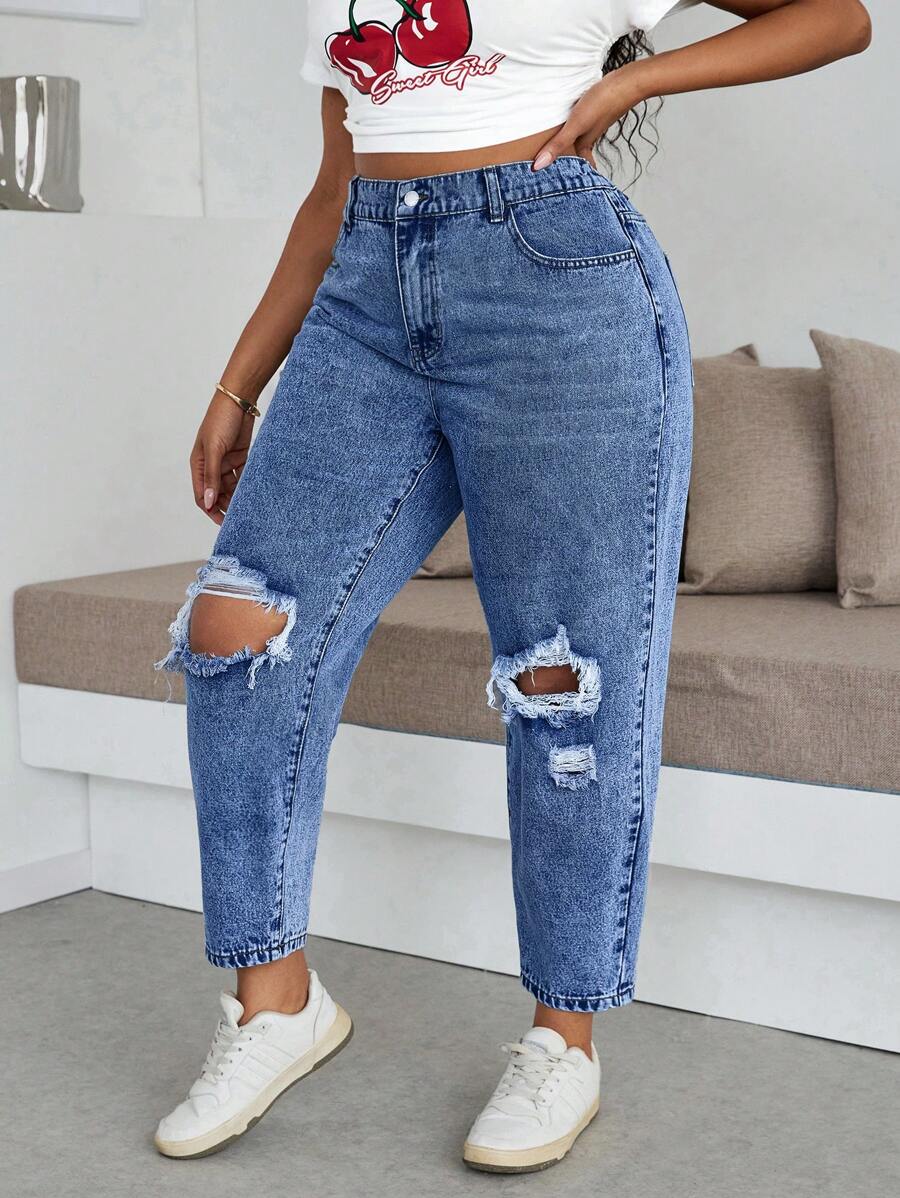 Slaydiva Plus Size Women Pockets Ripped Cone Leg Casual Jeans, Versatile - Dark Wash - View 1