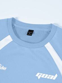 Manfinity Roghcode Men's Letter Print Round Neck Raglan Long Sleeve Pullover Light Blue Sweatshirt Streetwear 90s Style Sweatshirt, Men's Casual Sweatshirt, Graphic Sweatshirt , Fall