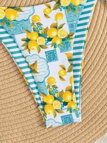 Swim Vcay 女士夏季海滩音乐节蝴蝶结条纹柠檬印花结可爱假日比基尼套装 - 彩色 - 查看 4