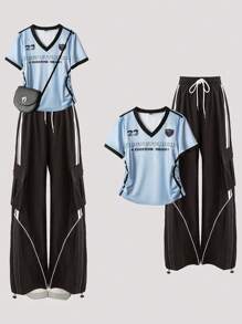 SHEIN MOOSTA Plus Size Fashion Casual Colorblock V-Neck Short Sleeve T-Shirt + Cargo Pants 2-Piece Set, Summer - Multicolor - View 1