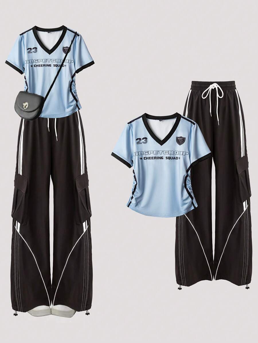 SHEIN MOOSTA Plus Size Fashion Casual Colorblock V-Neck Short Sleeve T-Shirt + Cargo Pants 2-Piece Set, Summer - Multicolor - View 1