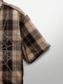 NEON BLANC Camisa de manga corta tejida de estilo callejero para hombres con estampado a cuadros y diseño de tela de araña de - Café integral - Ver 4