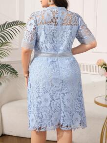 SHEIN Clasi Plus Size Women Elegant Lace Patchwork Baby Blue Summer Dress,Commuter Graduation Royal Blue Dresses,Light Blue Wedding Guest Dress For Women - Blue - View 2