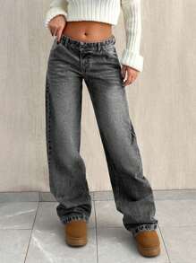 SHEIN Tall 高腰宽松直筒牛仔裤 - 淺灰色 - 查看 3